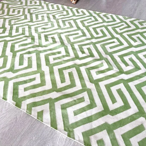 Green White Zig Zag Area Rug 71x49" (6x4 ft) Geometric Greek Key Handwoven